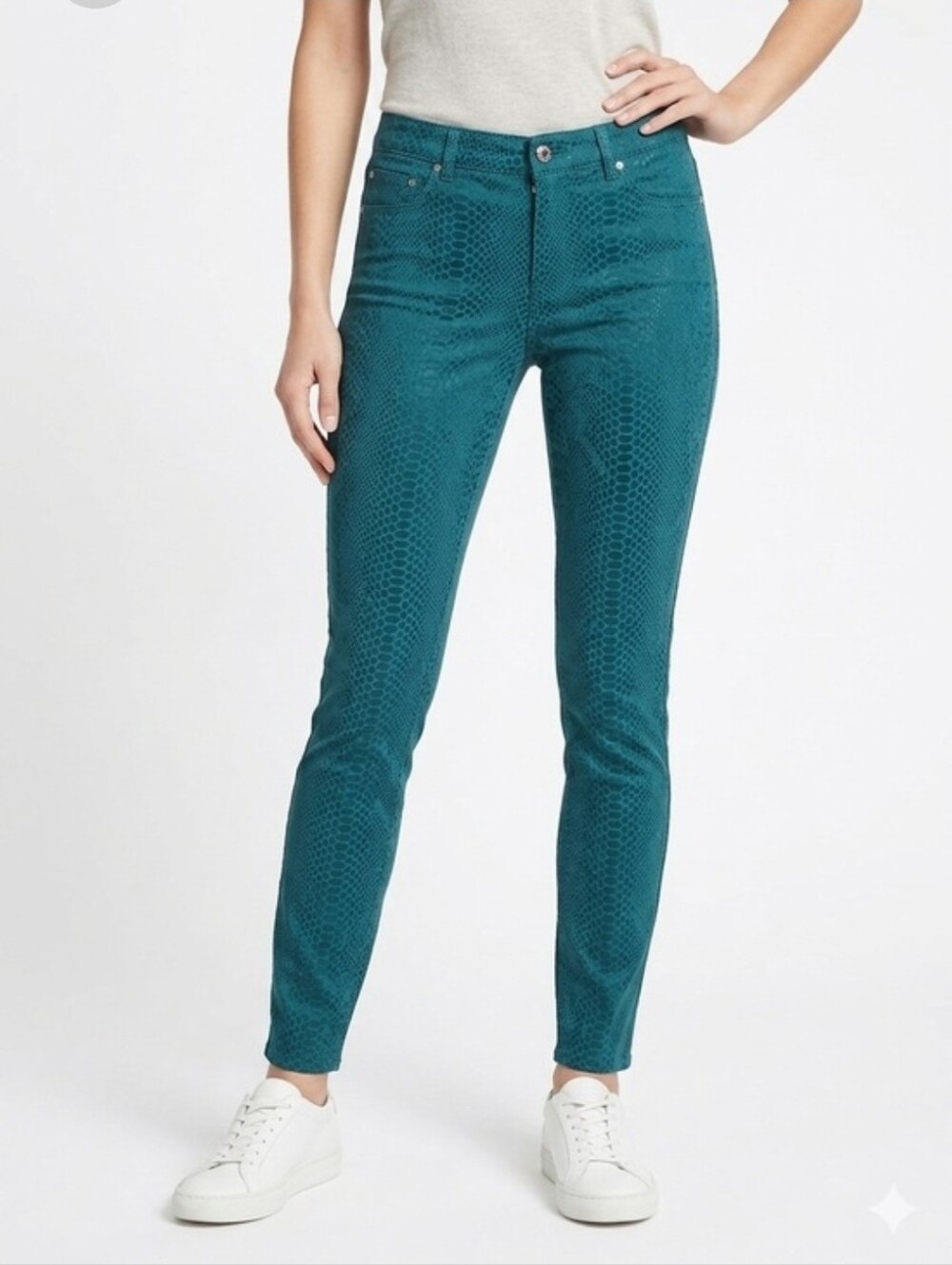 Jaclyn Smith Collection Teal Snake‑Print Skinny Jeggings Women’s Size 6